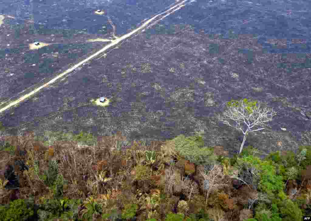 Aerial view of burnt areas of the Amazon rainforest, near Porto Velho, Rondonia state, Brazil, Aug. 24, 2019. President Jair Bolsonaro authorized the deployment of Brazil&#39;s armed forces to help combat fires raging in the Amazon rainforest, as a growing global outcry over the blazes sparks protests and threatens a huge trade deal.