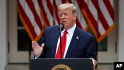 美国总统特朗普在华盛顿白宫玫瑰园发表讲话（2020年5月29日）。