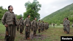 Kurdistan Workers Party (PKK) fighters stand in formation in northern Iraq May 14, 2013. The first group of Kurdish militants to withdraw from Turkey under a peace process entered northern Iraq on Tuesday, and were greeted by comrades from the Kurdistan W