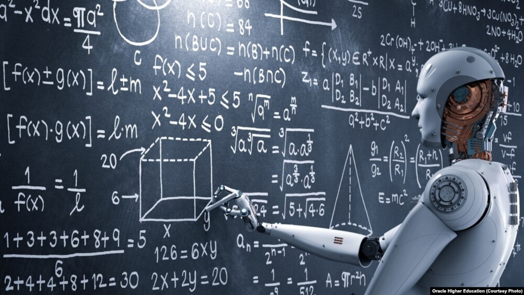 In this picture, a human-like machine attempts to solve complex mathematics problems.