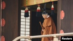 日本明仁天皇在东京皇宫参加天皇宣告退位仪式。2019年4月30日